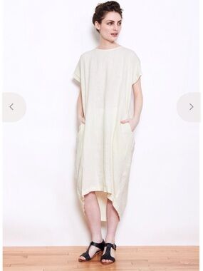 Black Crane Linen Pleated Cocoon Dress